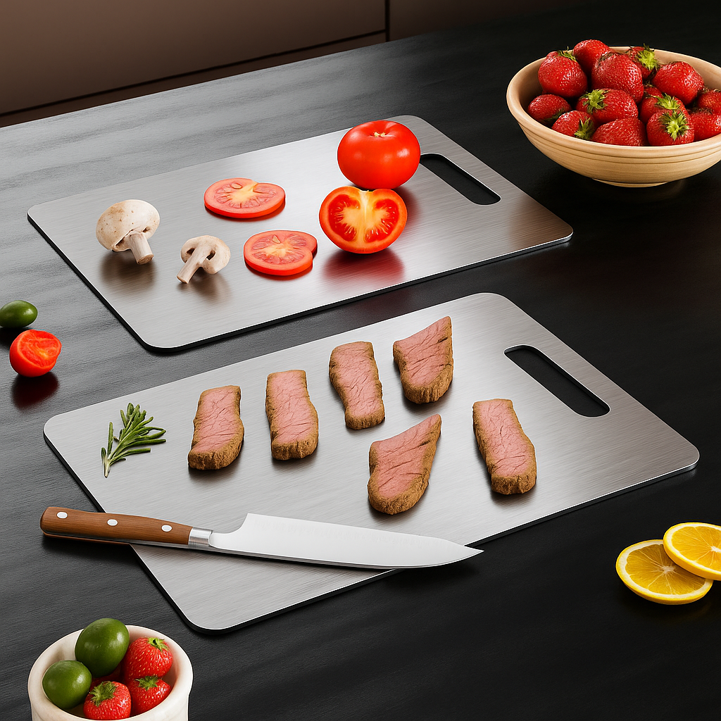 Duas tábuas de titânio com alimentos separados