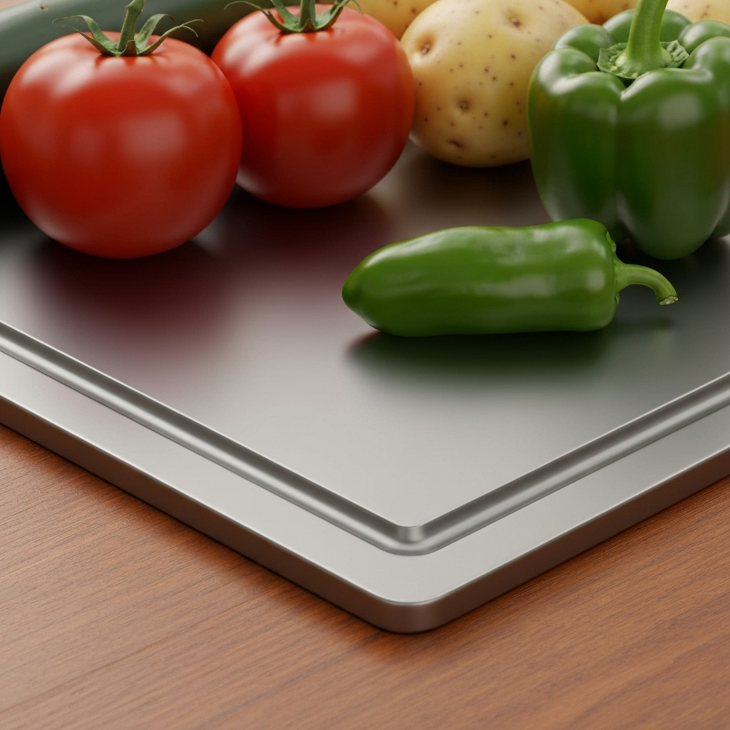 Tábua de corte de titânio com tomates e salsa